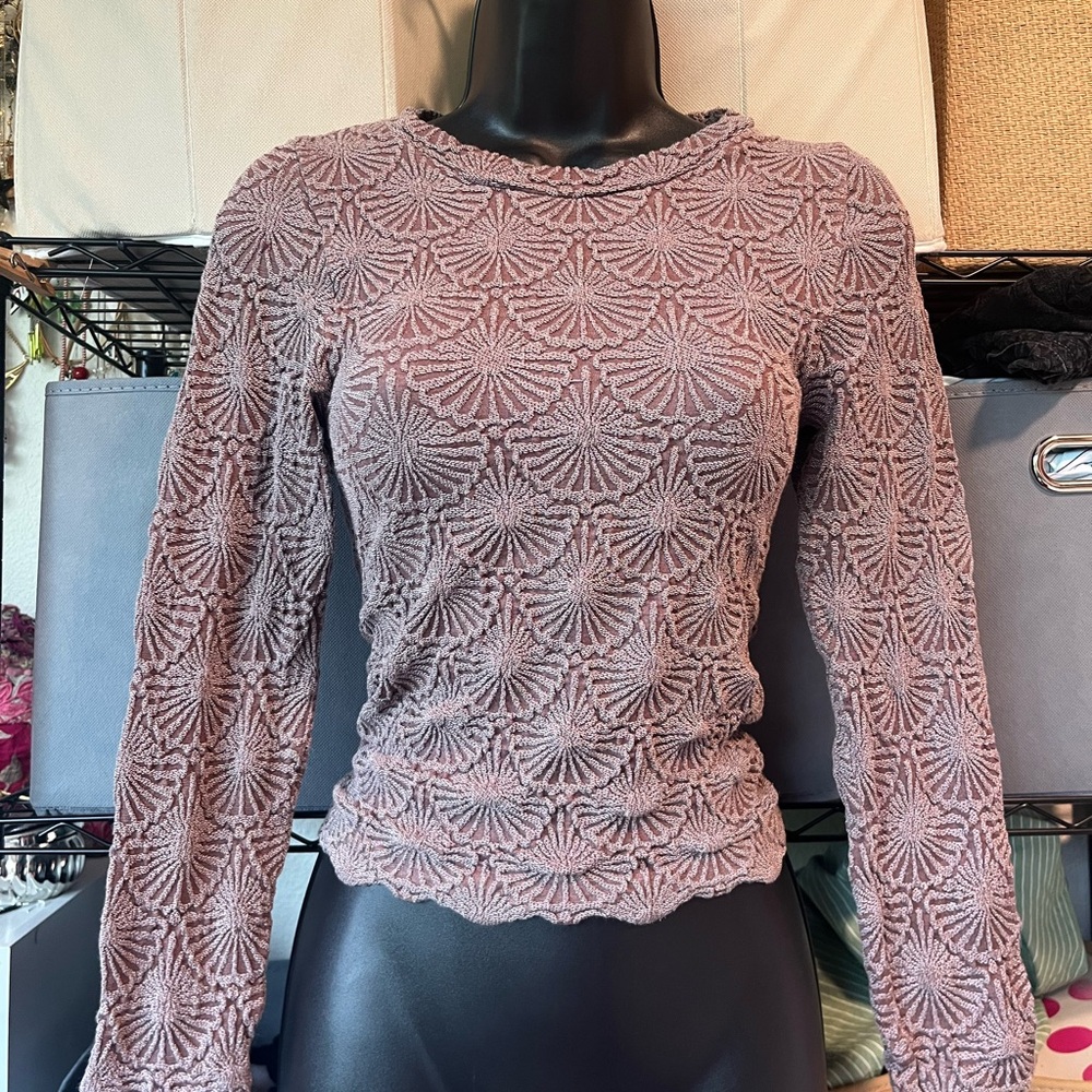 Aura Dusty Mauve Textured Floral-Pattern Long Sleeve Top